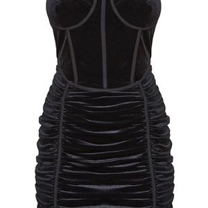 Black Velvet Corset Ruched Binding Detail Bodycon Dress